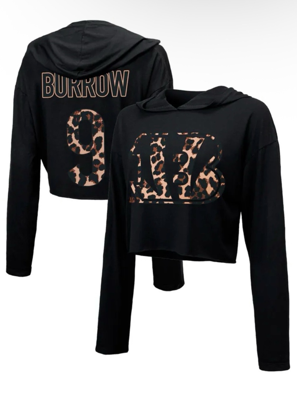 Joe Burrow Cincinnati Bengals Majestic Threads Womens Leopard L/S Cropped Hoodie